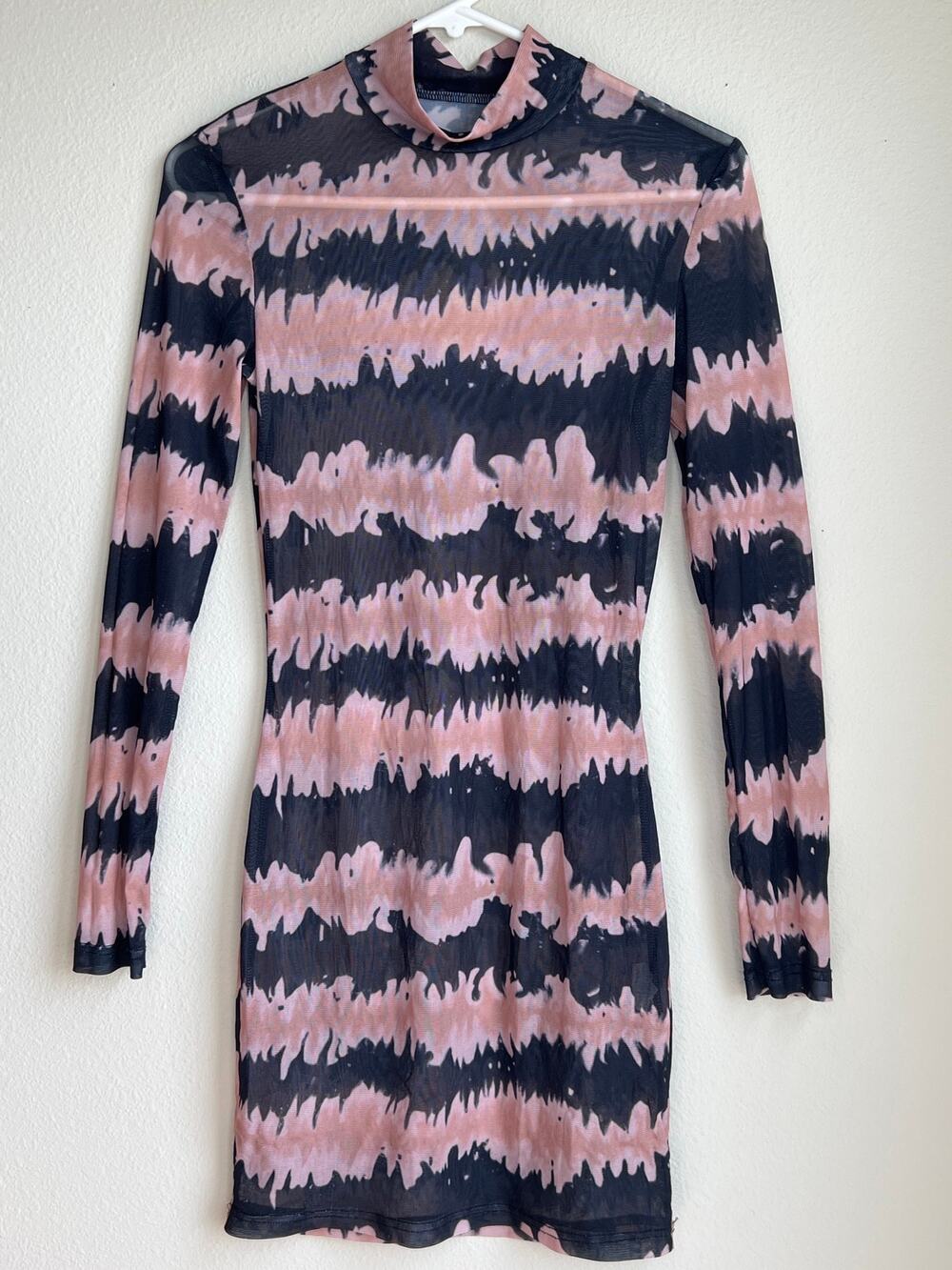 Abstract Pink Black Stripe Tie Dye Sheer Mesh Mock Neck Bodycon Mini Dress Small